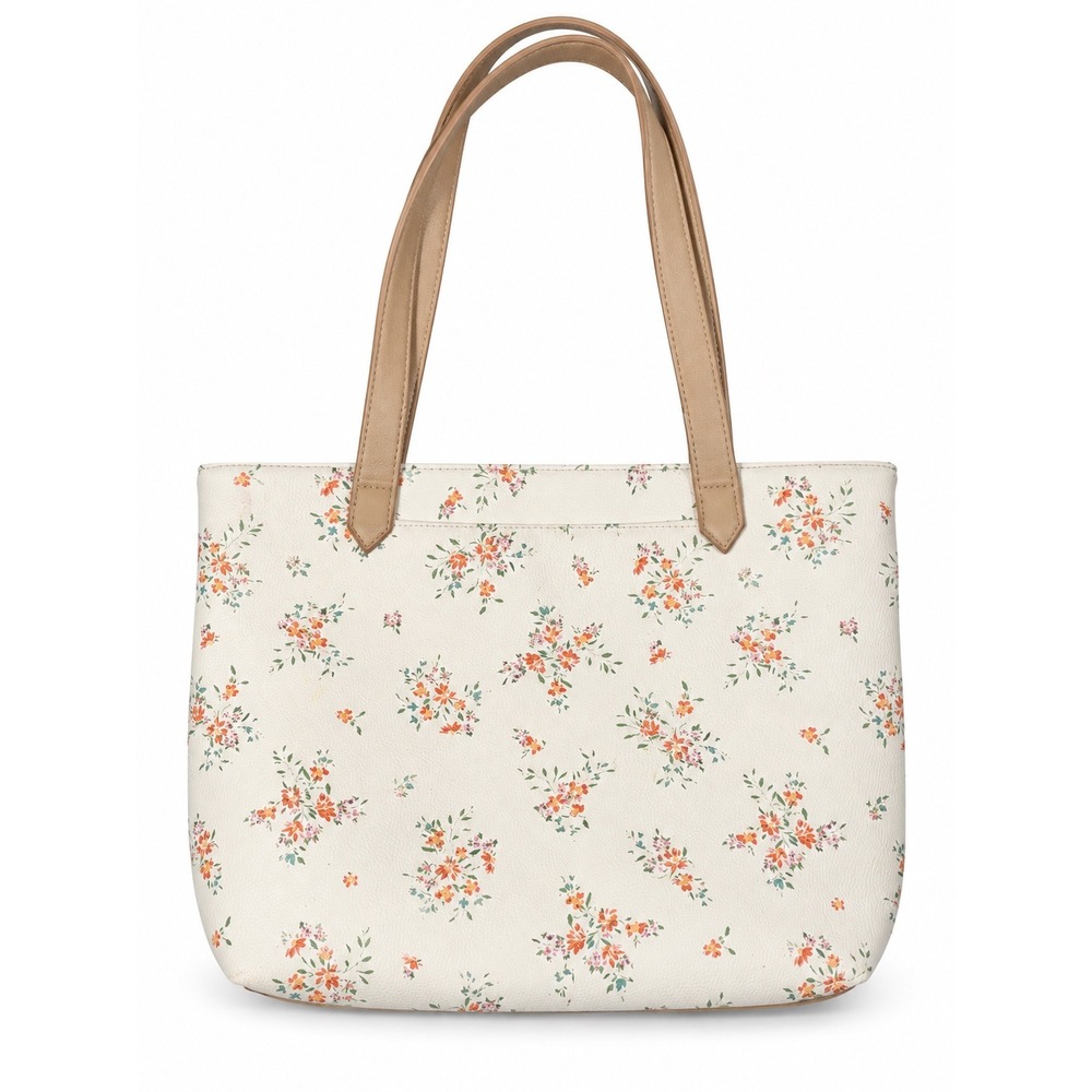 Floral Faux Leather Tote Bag Cream Orange Green Cottagecore Shoulder Bag - Picture 2 of 4